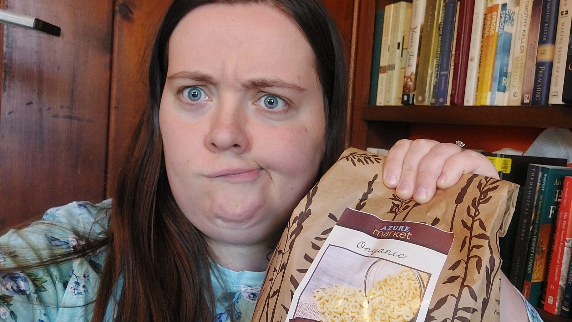 Rachel holding an Azure Standard bag.